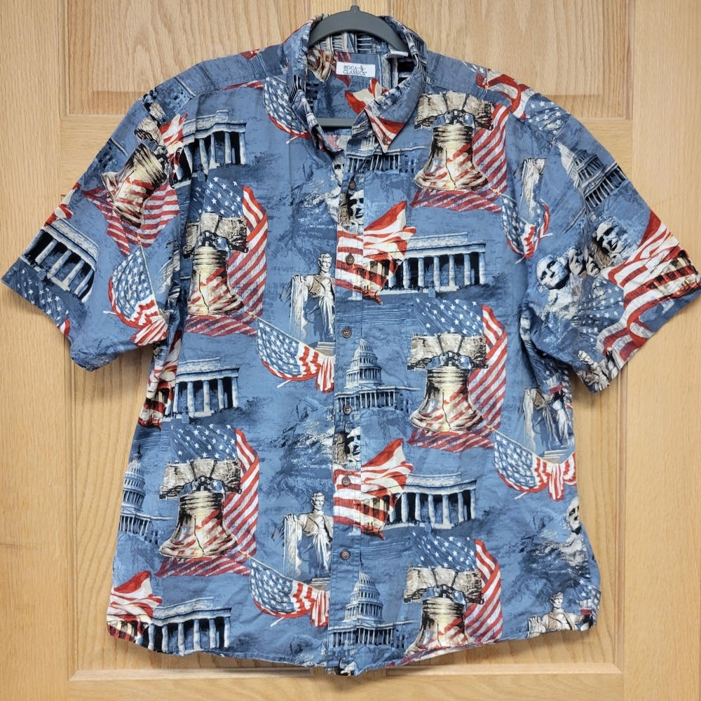 Boca Classics Mens XL Patriotic Button Up Shirt Red White Blue Fourth USA Flag
